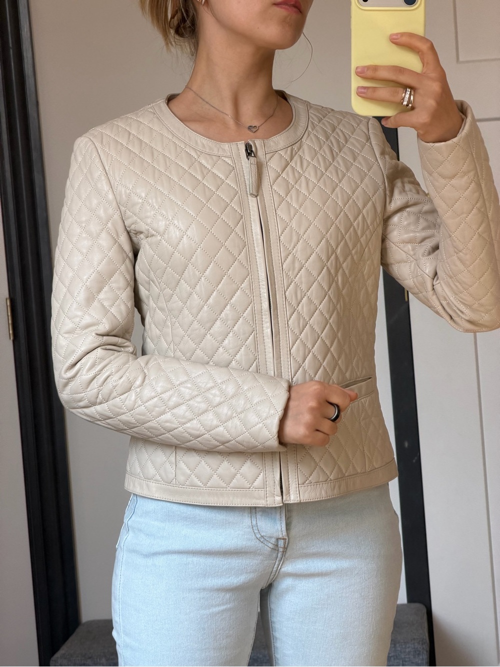 100% Italian Leather Quilted Cream Women's Zip-Front Jacket